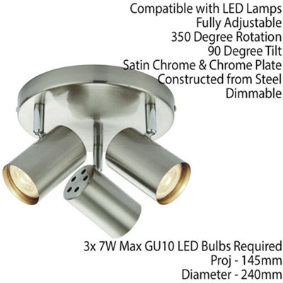 3x Adjustable Head Ceiling Spotlight Satin Chrome Round GU10 Kitchen Downlight
