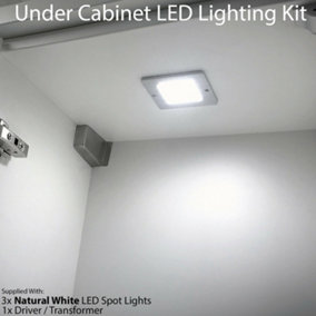 3x ALUMINIUM Ultra-Slim Square Under Cabinet Kitchen Light & Driver Kit - Natural White LED