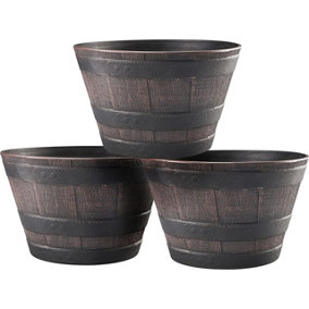 3x Barrel Garden Plant Pots - Wood & Metal Effect Vintage Style Round Flower Containers