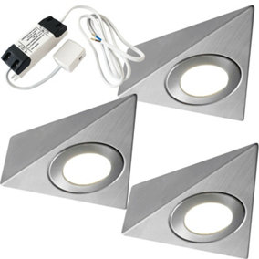 3x BRUSHED NICKEL Pyramid Surface Under Cabinet Kitchen Light & Driver Kit - Natural White LED