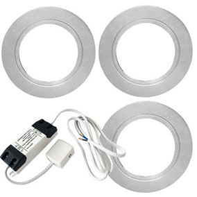 3x BRUSHED NICKEL Round Flush Under Cabinet Kitchen Light & Driver Kit - Natural White LED