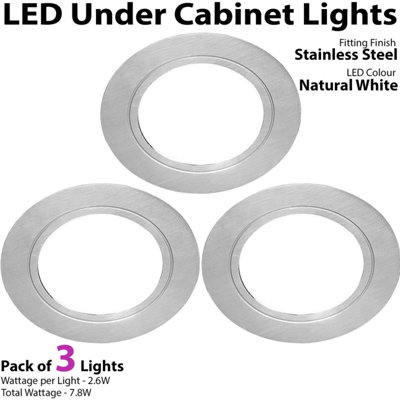 3x BRUSHED NICKEL Round Flush Under Cabinet Kitchen Light & Driver Kit - Natural White LED