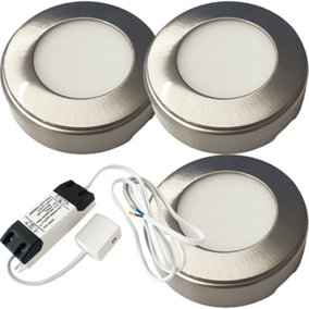 3x BRUSHED NICKEL Round Surface or Flush Under Cabinet Kitchen Light & Driver Kit - Natural White LED