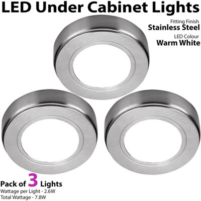 3x BRUSHED NICKEL Round Surface or Flush Under Cabinet Kitchen Light & Driver Kit - Warm White LED