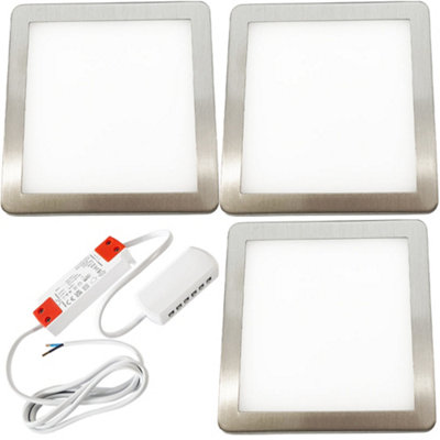 3x BRUSHED NICKEL Ultra-Slim Square Under Cabinet Kitchen Light & Driver Kit - Natural White Diffused LED