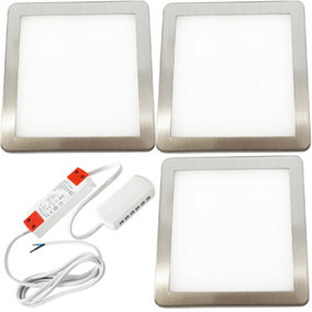 3x BRUSHED NICKEL Ultra-Slim Square Under Cabinet Kitchen Light & Driver Kit - Warm White Diffused LED