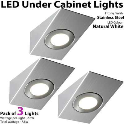 3x BRUSHED NICKEL Wedge Surface Under Cabinet Kitchen Light & Driver Kit - Natural White LED