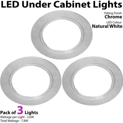 3x CHROME Round Flush Under Cabinet Kitchen Light & Driver Kit - Natural White LED