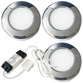 3x CHROME Round Surface or Flush Under Cabinet Kitchen Light & Driver Kit - Natural White LED