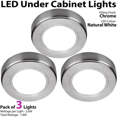 3x CHROME Round Surface or Flush Under Cabinet Kitchen Light & Driver Kit - Natural White LED