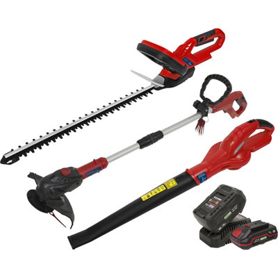 3x Cordless Garden Tools & 2 Li-Ion Batteries Hedge Trimmer Leaf Blower Strimmer