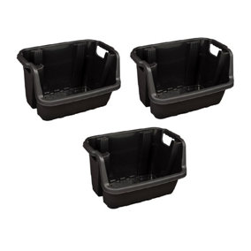3x Heavy Duty Stacking Box Crate Veg Recycling Storage Box Home Tool Caddy Black