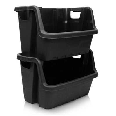 3x Heavy Duty Stacking Box Crate Veg Recycling Storage Box Home Tool Caddy Black