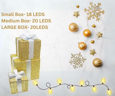 3X Light Up Boxes Christmas Gift Box Set with 58 LED Warm White Lights