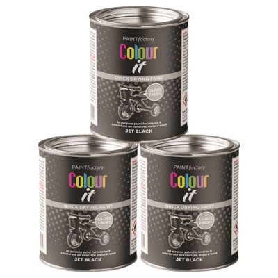 3X Paint Factory Colour It Black Gloss Paint Tin 300ml