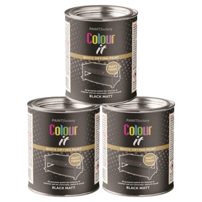 3X Paint Factory Colour It Black Matt Paint Tin 300ml