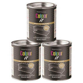 3X Paint Factory Colour It Black Matt Paint Tin 300ml