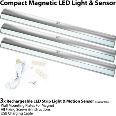 3x Rechargeable Magnetic LED Strip Light & PIR Motion Sensor - Cupboard Cabinet Kitchen Unit Mini Auto Spotlight