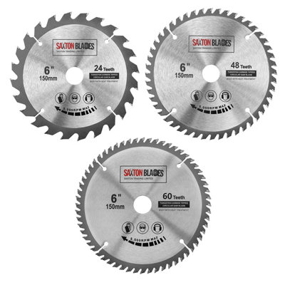 3x Saxton TCT Circular Saw Blades 150mm x 20mm bore 24, 48 & 60 teeth + 16mm and 10mm Ring