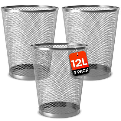 3x Silver Metal Bins - 12L Mesh Waste Bin for Office, Bedroom, Living ...