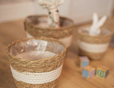3x Woven Rope Storage Baskets Plant Pots