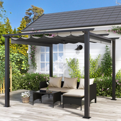 3x3M Metal Pergola with Retractable Roof, Garden Pergola with Sun Shade Canopy -Grey