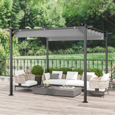 3x3M Metal Pergola with Retractable Roof, Garden Pergola with Sun Shade