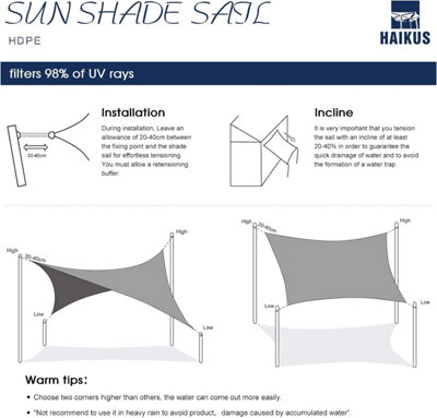 3x4m rectangular shade sail, breathable HDPE shade cloth (185g/m² ...