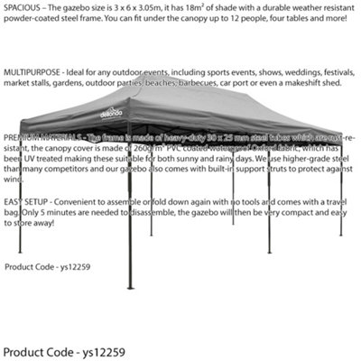 3x6m Pop-Up Gazebo - GREY Heavy Duty Frame & Water Resistant - Garden Pavillion