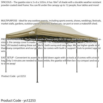 3x6m Pop-Up Gazebo & Side Walls Set BEIGE - Strong Outdoor Garden Pavillion Tent