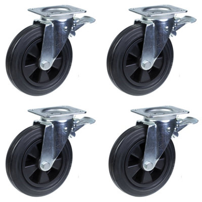 4 - 200mm Castors black rubber swivel brake 200kg each Heavy duty 800kg per set