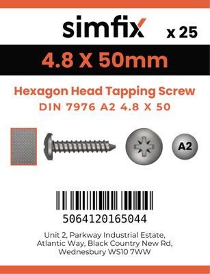 4.8 X 50 Hexagon Head Tapping Screw 25 Pack DIN 7976 A2 Stainless Steel