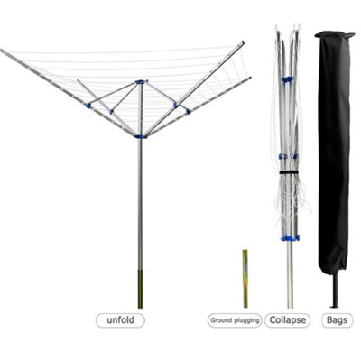 4 Arm 50M Aluminium Rotary Airer Washing Line With Garden Outdoor Laundry Drying Folding Clothes Dryer With Ground Spike & Cover