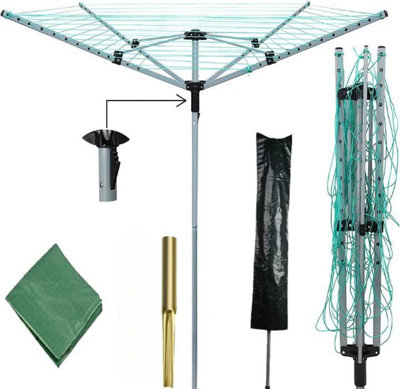 4 Arm 60M Heavy Duty Rotary Airer Washing Line Garden Outdoor Laundry Drying Folding Clothes Line With Ground Spike & Cover