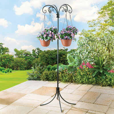 4-Arm Hanging Basket Stand, Powder-Coated Steel, Scrollwork Design, Garden & Patio Display