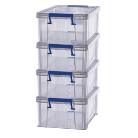 4 BANKERS BOX 10L Clear Plastic Storage Box with Lid - Super Strong Plastic Box 14 x 34 x 21.5cm - Pack of 4