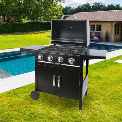 4 Burners Black Outdoor BBQ Propane Gas Grill with Wheels 130cm W x 58cm D x