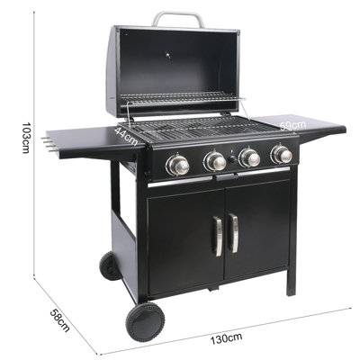 4 Burners Black Outdoor BBQ Propane Gas Grill with Wheels 130cm W x 58cm D x