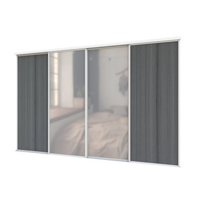 4 Charcoal Pine & Mirror Sliding Wardrobe Door Set Kit, White Frame ...