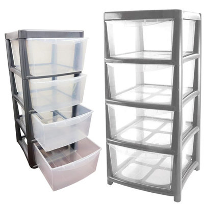 4 Clear Drawer Medium Silver Bedside Modular Storage Unit For Home & Office