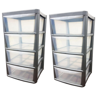 4 Clear Drawer Medium Silver Bedside Modular Storage Unit For Home & Office