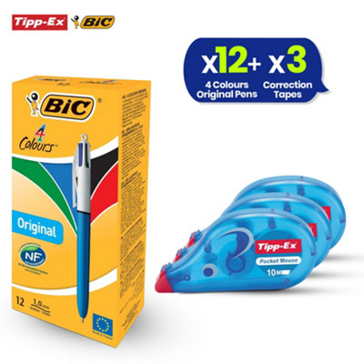 4 Colours Retractable Pens 12x with Pocket Mouse Correction Tape 3x