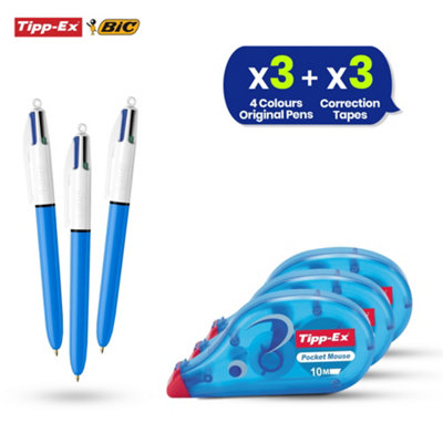 4 Colours Retractable Pens 3x with Pocket Mouse Correction Tape 3x