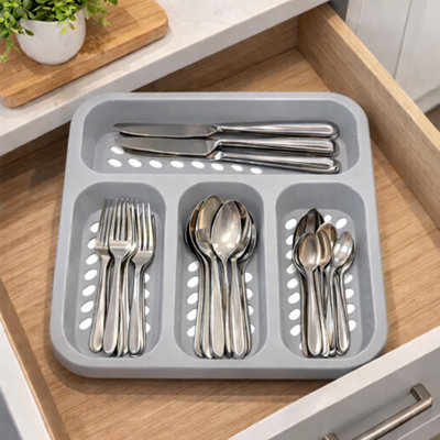 4 Compartment Cutlery Drawer Organiser 10 Pack Grey and White Plastic ...