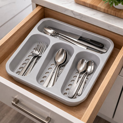 4 Compartment Cutlery Drawer Organiser 4 Pack Grey and White Plastic ...