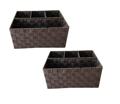 4 Compartment Set Of 2 Woven Storage Box Basket Bin Organiser Divider Home Office Brown 33.5 x 23 x 16.5 cm