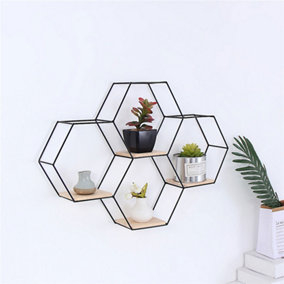 4 Compartments Modern Floating Hexagon Wall Shelf Intersecting Shelves with Iron Frame