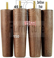 4 Dark Brown Turned Solid Oak Wood Furniture Legs Replacement Settee Feet 150mm High Sofa Chair Bed M8 SOF3213