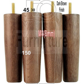 4 Dark Brown Turned Solid Oak Wood Furniture Legs Replacement Settee Feet 150mm High Sofa Chair Bed M8 SOF3213