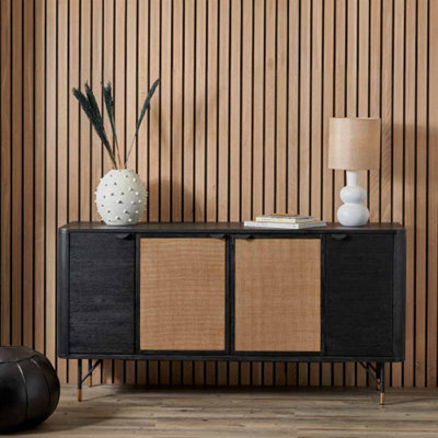 4 Door Rattan Sideboard With Black Acacia Wood and Natural TV Unit